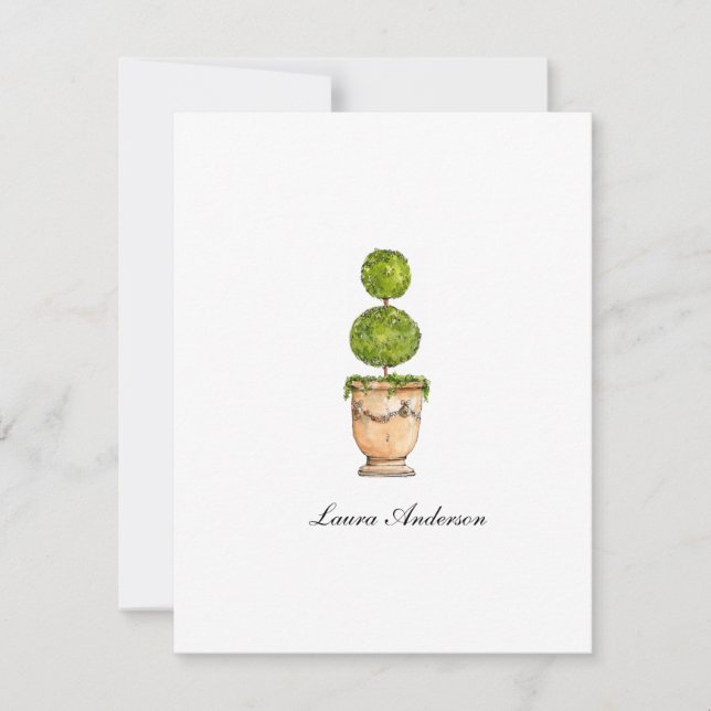 Elegant watercolor topiary flat note card (Front)