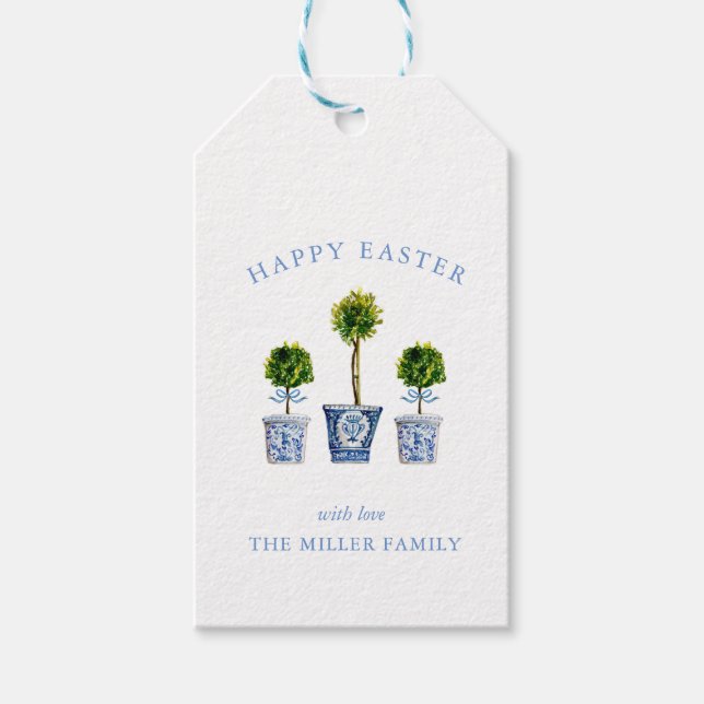 Elegant Watercolor Topiary Happy Easter Gift Tags (Front)