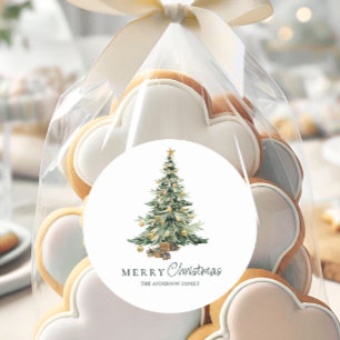 Elegant Watercolor Tree Christmas  Classic Round Sticker