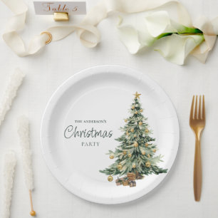 Elegant Watercolor Tree Christmas Party Paper Plates
