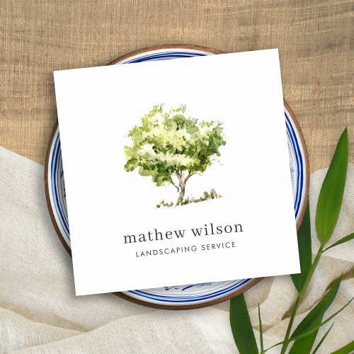 Elegant Watercolor Tree Lawnmowing Lawn Care Square Business Card