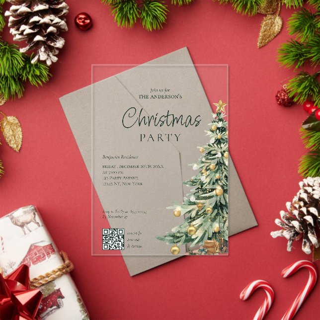Elegant Watercolor Tree QR Code Christmas Party  Acrylic Invitations (Insitu (Holiday))