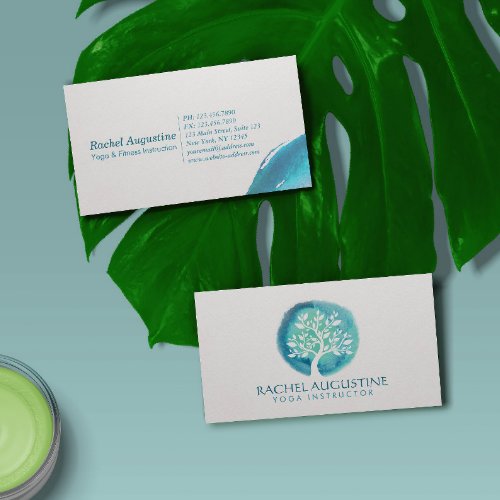 Elegant Watercolor Tree Yoga Meditation Instructor Business Card