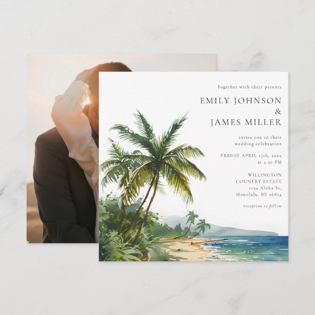 Elegant Watercolor Tropical Beach Photo Wedding Invitation (Front/Back)