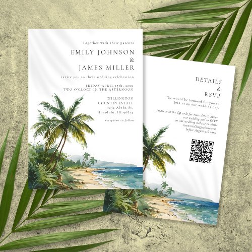 Elegant Watercolor Tropical Beach QR Code Wedding