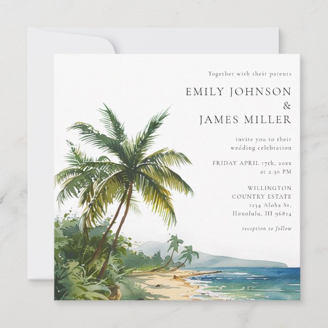 Elegant Watercolor Tropical Beach QR Code Wedding Invitation (Front)