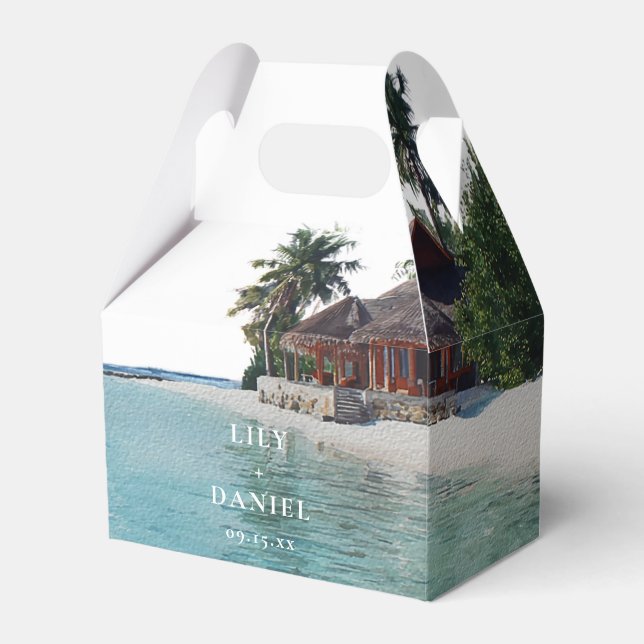 Elegant Watercolor Tropical Beach Wedding Favor Boxes (Front Side)