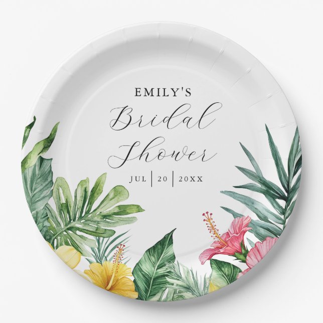 Elegant Watercolor Tropical Floral Bridal Shower Paper Plates (Front)