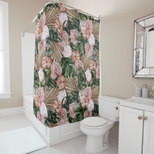 Elegant watercolor Tropical floral pink green Shower Curtain