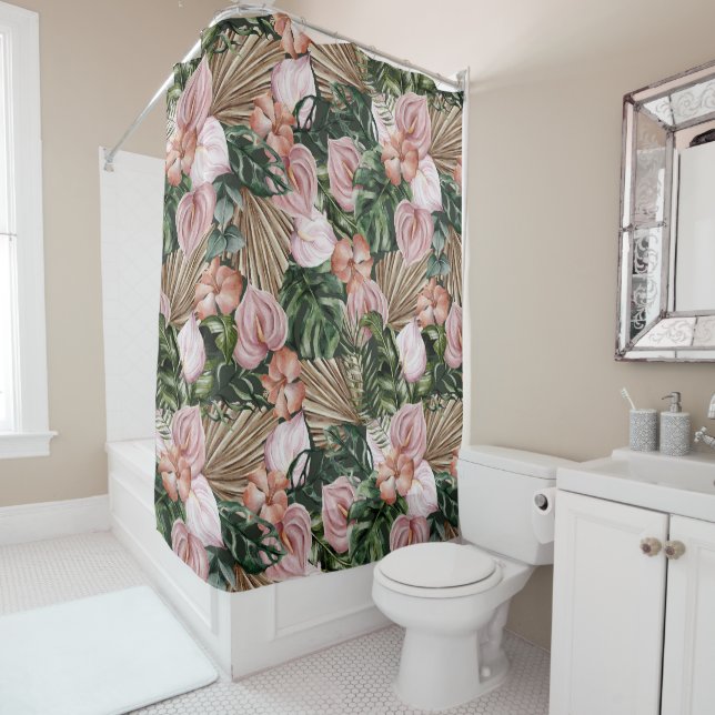 Elegant watercolor Tropical floral pink green Shower Curtain (In Situ)