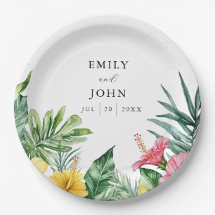 Elegant Watercolor Tropical Floral Wedding Paper Plates