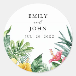 Elegant Watercolor Tropical Flowers Wedding Favor Classic Round Sticker
