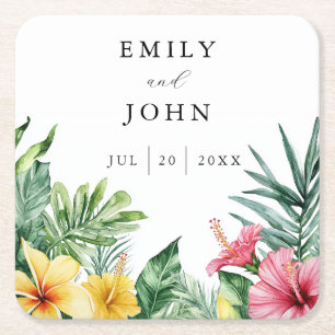 Elegant Watercolor Tropical Flowers Wedding Square Paper Coaster