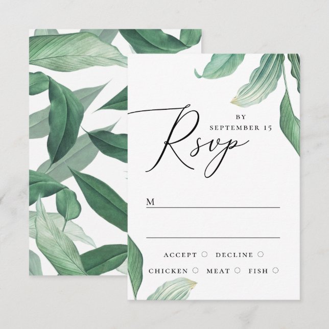 Elegant watercolor tropical greenery wedding RSVP card (Front/Back)