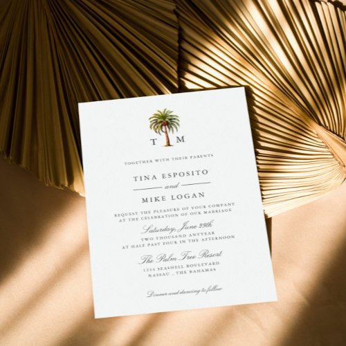 Elegant Watercolor tropical palm tree Monogram Invitation