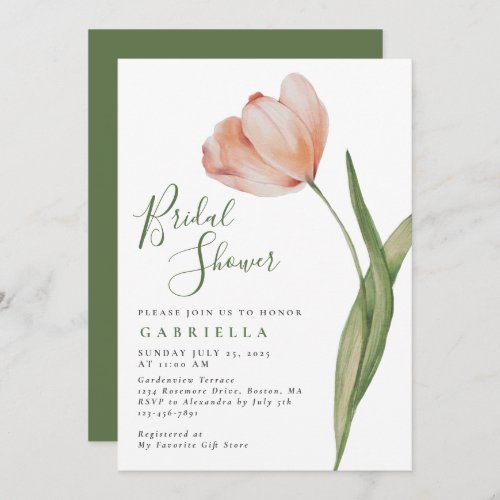 Elegant  Watercolor Tulip Green Bridal Shower Invitation