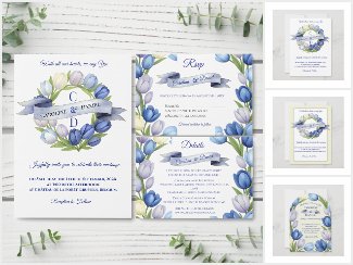 Elegant Watercolor Tulip Wreath Wedding Blue Ivory