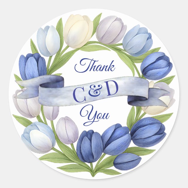 Elegant Watercolor Tulip Wreath Wedding Blue Ivory Classic Round Sticker (Front)
