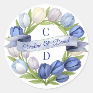 Elegant Watercolor Tulip Wreath Wedding Blue Ivory Classic Round Sticker