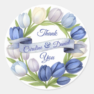 Elegant Watercolor Tulip Wreath Wedding Blue Ivory Classic Round Sticker