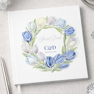 Elegant Watercolor Tulip Wreath Wedding Blue Ivory Foil Guest Book