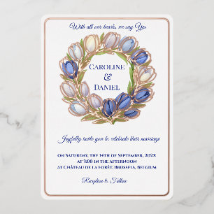 Elegant Watercolor Tulip Wreath Wedding Blue Ivory Foil Invitation