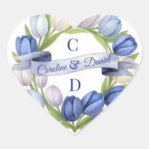 Elegant Watercolor Tulip Wreath Wedding Blue Ivory Heart Sticker