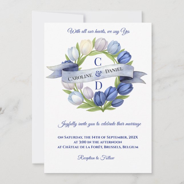Elegant Watercolor Tulip Wreath Wedding Blue Ivory Invitation (Front)