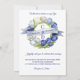Elegant Watercolor Tulip Wreath Wedding Blue Ivory Invitation