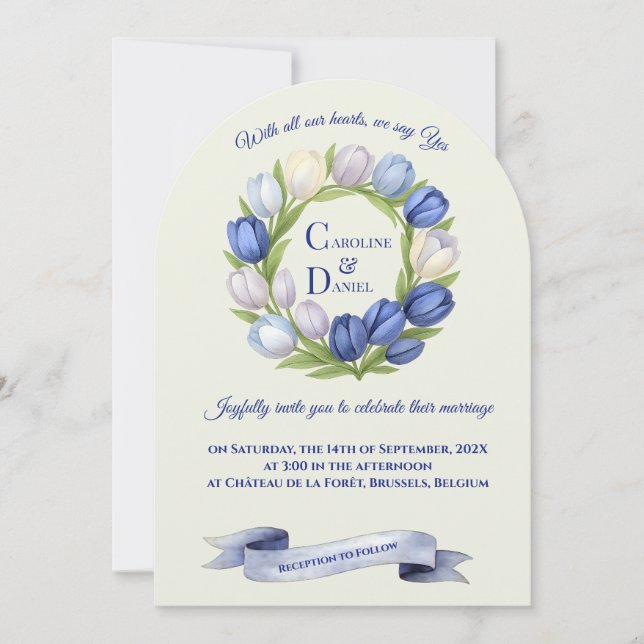 Elegant Watercolor Tulip Wreath Wedding Blue Ivory Invitation (Front)