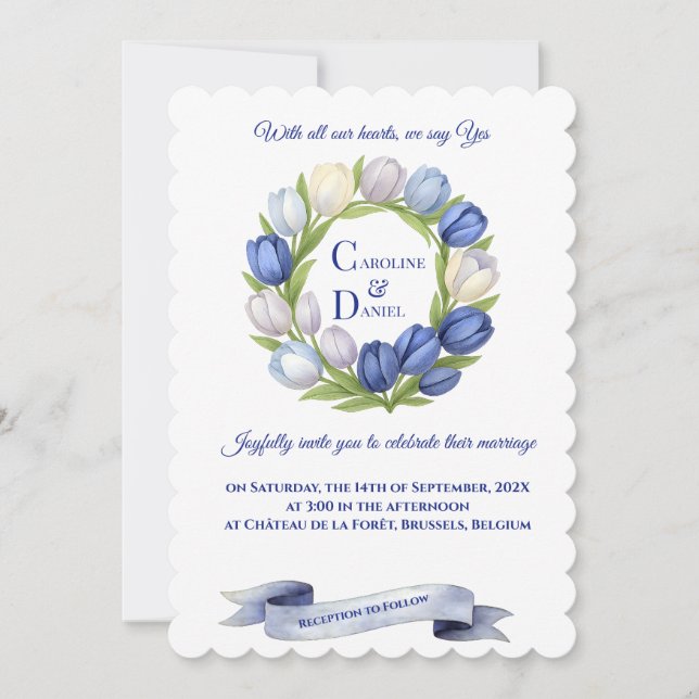 Elegant Watercolor Tulip Wreath Wedding Blue Ivory Invitation (Front)
