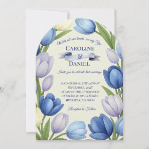 Elegant Watercolor Tulip Wreath Wedding Blue Ivory Invitation