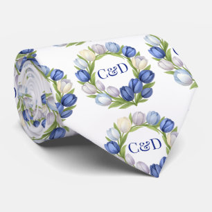 Elegant Watercolor Tulip Wreath Wedding Blue Ivory Neck Tie