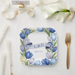 Elegant Watercolor Tulip Wreath Wedding Blue Ivory Paper Plates