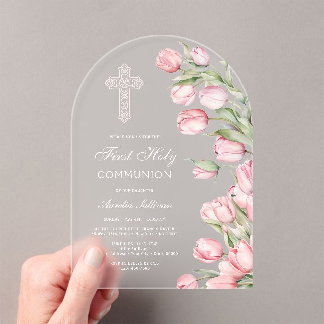 Elegant Watercolor Tulips Arch First Communion Acrylic Invitations (Insitu (Handheld))