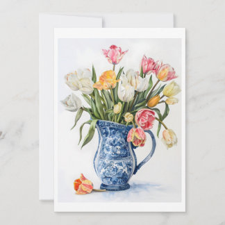 Elegant Watercolor Tulips in Blue Delft Vase