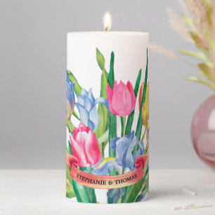 Elegant Watercolor Tulips Personalized Ribbon Pillar Candle