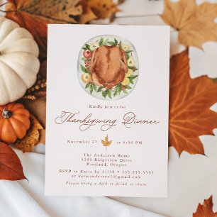 Elegant Watercolor Turkey Thanksgiving Dinner Invitation