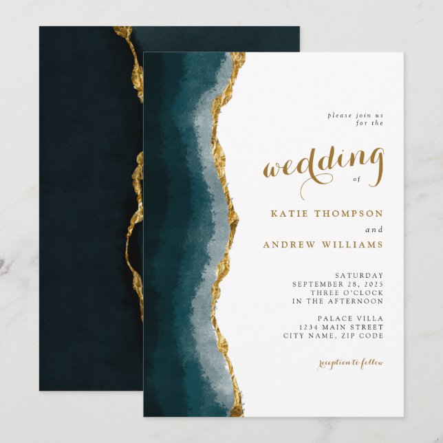 Elegant Watercolor Turquoise Gold Agate Wedding Invitation (Front/Back)