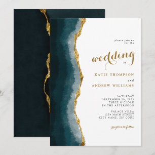 Elegant Watercolor Turquoise Gold Agate Wedding Invitation