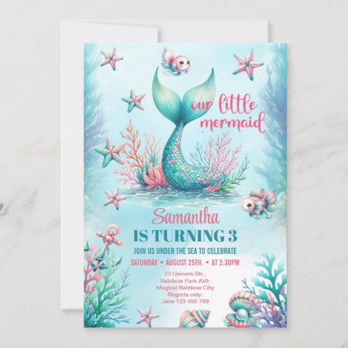 Elegant watercolor turquoise mermaid tail birthday invitation