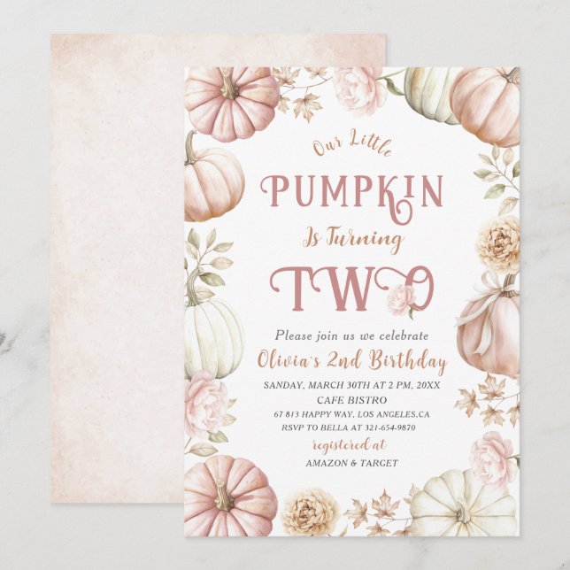 Elegant  Watercolor Two 2nd Birthday Pumpkin is on Invitation (Front/Back)