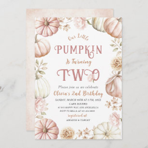 Elegant Watercolor Two 2nd Birthday Pumpkin is on Invitation