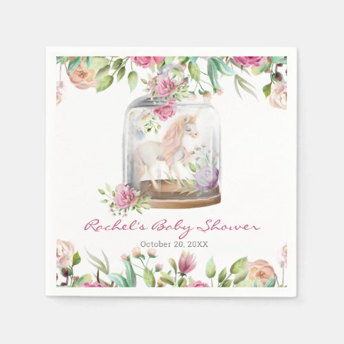 Elegant Watercolor Unicorn Chic Floral Baby Shower Napkins