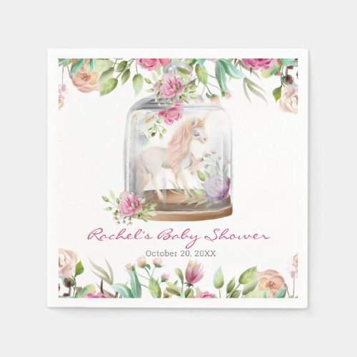 Elegant Watercolor Unicorn Chic Floral Baby Shower Napkins