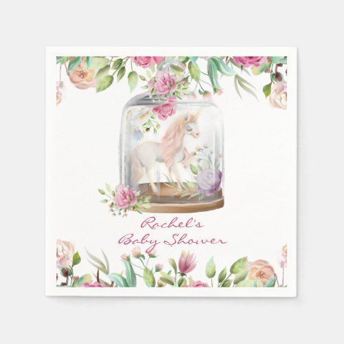 Elegant Watercolor Unicorn Chic Floral Baby Shower Napkins