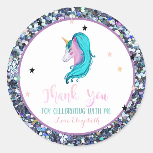 Elegant Watercolor Unicorn Stars Glitter Classic Round Sticker