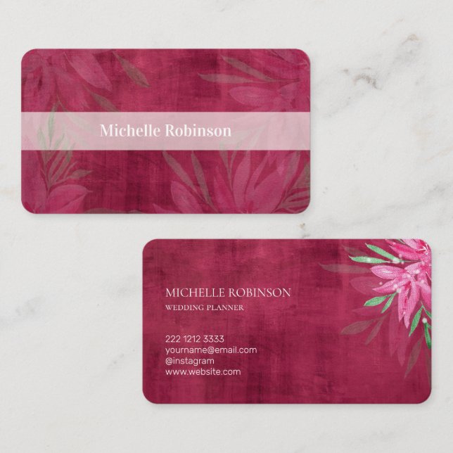 Elegant Watercolor Velvet Viva Magenta Floral Business Card (Front/Back)
