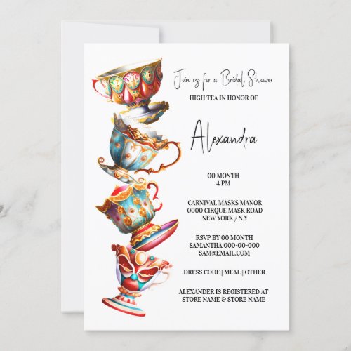 Elegant watercolor victorian stacked teacups high  invitation