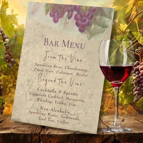 Elegant Watercolor Vineyard Bar Menu Pedestal Sign
